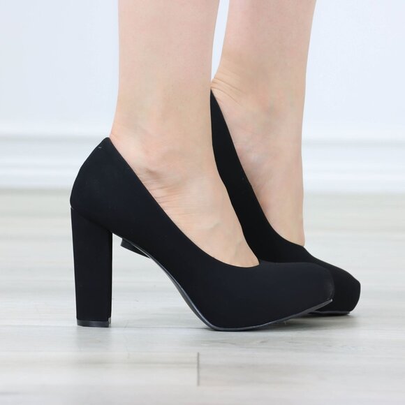 Classic Black Platform Block High Heels Slip On Round Toe Office Pumps Nubuck - Picture 1 of 12